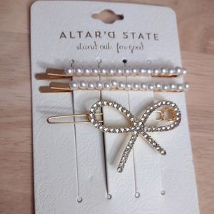 Altar'D State Ribbon Bow Pearl Gold Hair Clip Accessory Y2K Kawaii Bling